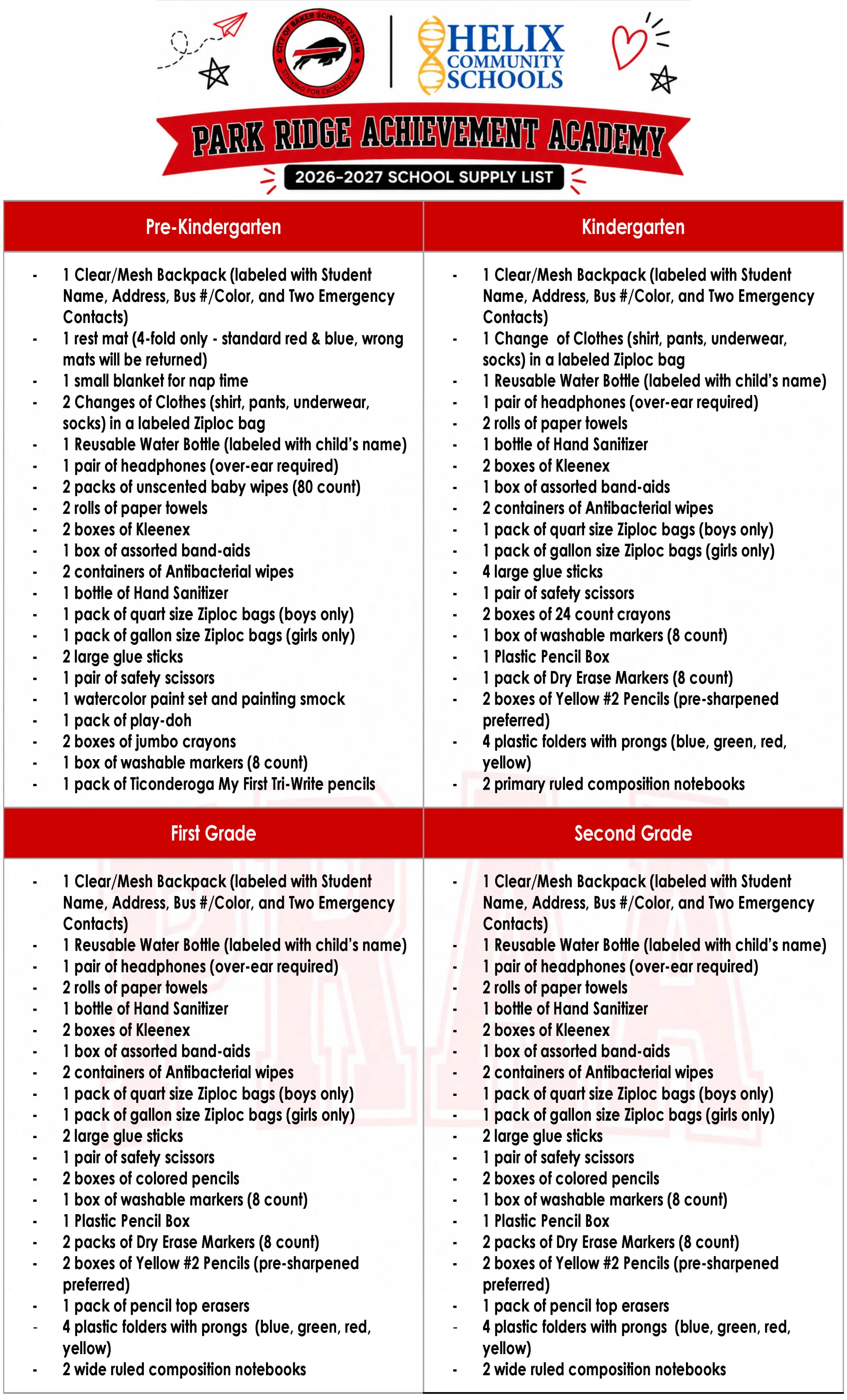 School Supply List for Pre-K - 2nd grades